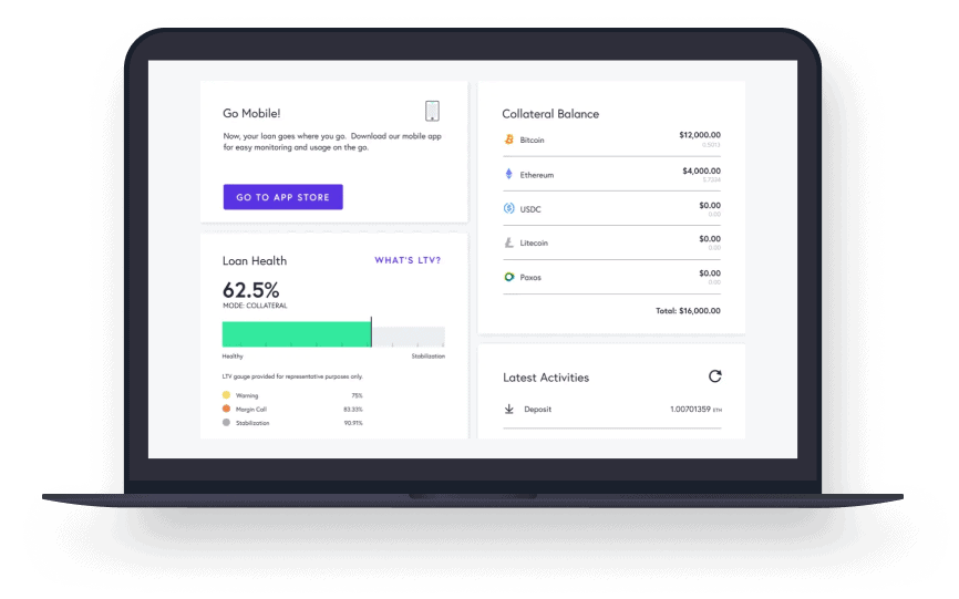 Crypto-backed grant dashboardm onitoring grant health and collateral balance on desktop